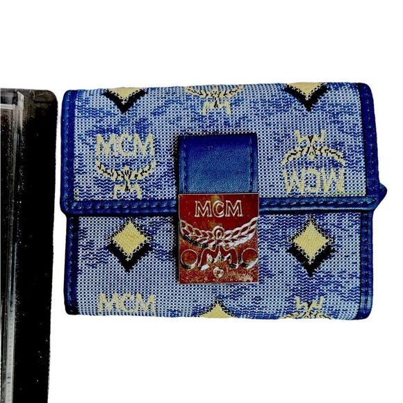 NWOT Auth MCM Veritas Trifold Small Monogram Logo Blue Snap Closure Mini Wallet - Picture 7 of 9